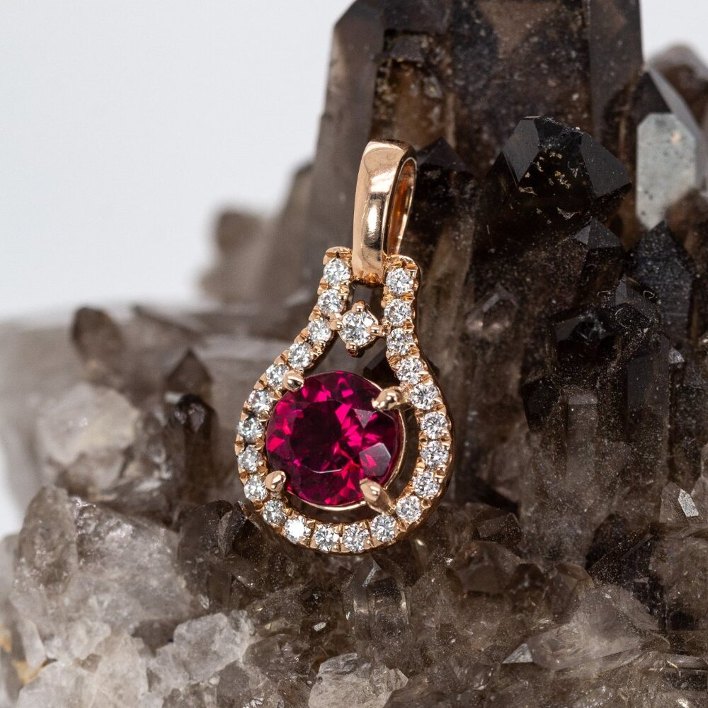 Rubellite Tourmaline Pendant in Solid 14K Rose Gold with Natural Diamond Accents - Picture 9 of 11